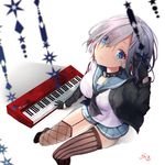  asymmetrical_legwear black_gloves black_jacket blue_eyes breasts closed_mouth collar commentary_request fishnet_legwear fishnets from_above garter_straps gloves hair_over_one_eye hamakaze_(kantai_collection) instrument jacket kantai_collection keyboard_(instrument) long_sleeves looking_at_viewer looking_up medium_breasts natsuki_(ukiwakudasai) neckerchief open_clothes open_jacket school_uniform serafuku short_hair silver_hair sitting smile solo striped striped_legwear studded_collar thighhighs vertical-striped_legwear vertical_stripes 