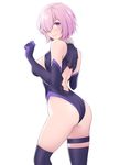  ass bangs black_gloves black_legwear black_leotard blush breasts closed_mouth commentary_request elbow_gloves eyebrows_visible_through_hair fate/grand_order fate_(series) gloves hair_over_one_eye hands_up highleg highleg_leotard large_breasts lavender_hair leotard looking_at_viewer looking_back mash_kyrielight purple_eyes purple_gloves purple_hair sano_jinya short_hair simple_background smile solo thigh_strap thighhighs thighs white_background 