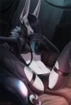 2018 5_fingers anthro black_hair black_nose breasts canine clothed clothing detailed_background digital_media_(artwork) female hair looking_at_viewer mammal midriff mindmachine navel sitting solo 