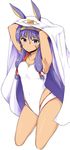  armpits arms_up bangs blush breasts closed_mouth commentary_request competition_swimsuit cropped_legs earrings eyebrows_visible_through_hair fate/grand_order fate_(series) hair_tubes hairband hoop_earrings jewelry lockheart long_hair looking_at_viewer medium_breasts nitocris_(fate/grand_order) nitocris_(swimsuit_assassin)_(fate) one-piece_swimsuit purple_eyes purple_hair sidelocks simple_background solo swimsuit thighs tsurime veil white_background white_swimsuit 