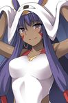  arms_up bangs breasts closed_mouth competition_swimsuit dark_skin eyebrows_visible_through_hair fate/grand_order fate_(series) hair_tubes highleg highleg_swimsuit long_hair medium_breasts nitocris_(fate/grand_order) nitocris_(swimsuit_assassin)_(fate) one-piece_swimsuit purple_eyes purple_hair shiseki_hirame simple_background smile solo swimsuit upper_body veil white_background 