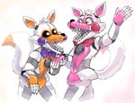  ambiguous_gender animatronic anthro black_sclera bow_tie canine dipstick_tail duet duo eye_contact five_nights_at_freddy&#039;s five_nights_at_freddy&#039;s_world fox funtime_foxy_(fnafsl) fur hand_holding lolbit_(fnaf) machine mammal multicolored_tail planteon robot sharp_teeth singing sister_location teeth video_games white_eyes white_fur yellow_eyes 
