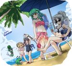  2017 6+girls :d akuto antennae arm_at_side armpits arms_up asymmetrical_wings bare_arms bare_legs bare_shoulders barefoot beach beach_chair beach_umbrella bikini black_hair blonde_hair blue_eyes blue_hair blush closed_eyes closed_mouth commentary_request crossed_legs cup day drinking_glass drinking_straw dutch_angle eyebrows_visible_through_hair food frog_hair_ornament front-tie_bikini front-tie_top fruit full_body gloom_(expression) green_hair green_kimono grey_hair hair_ornament hair_tubes hand_up hat hat_removed hatchet headwear_removed high_ponytail holding holding_cup holding_food holding_fruit holding_hat holding_innertube holding_weapon houjuu_nue innertube japanese_clothes kimono kochiya_sanae lens_flare long_hair looking_at_another looking_at_viewer looking_back mermaid mononobe_no_futo monster_girl multiple_girls navel obi ocean open_mouth outdoors palm_tree ponytail red_eyes red_hair sandals sarong sash school_swimsuit shaded_face short_hair side-tie_bikini side-tie_bottom sitting smile snake_hair_ornament standing stomach strapless straw_hat summer sunglasses sweat sweating_profusely swimsuit tate_eboshi thick_eyebrows toes touhou tree tubetop umbrella v-shaped_eyebrows wakasagihime walking water watermelon weapon wide_sleeves wings wriggle_nightbug yellow_eyes 