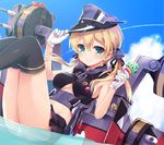  alternate_costume badge bankoku_ayuya blonde_hair blush button_badge closed_mouth commentary_request food hat ice_cream iron_cross kantai_collection long_hair looking_at_viewer machinery peaked_cap prinz_eugen_(kantai_collection) revision smile solo twintails 