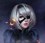  blindfold blindfold_down blindfold_slip blue_eyes breasts cleavage embers eyelashes freckles hair_between_eyes hairband looking_at_viewer medium_breasts mole mole_under_mouth nier_(series) nier_automata olga_narhova one_eye_covered parted_lips portrait puffy_short_sleeves puffy_sleeves short_hair short_sleeves solo torn_blindfold white_hair yorha_no._2_type_b 