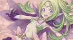  belt blush breasts cape circlet fire_emblem fire_emblem:_kakusei gloves green_hair long_hair looking_at_viewer mamkute midriff navel nono_(fire_emblem) open_mouth outstretched_arms pointy_ears ponytail purple_eyes purple_gloves saikachi_(ogre_tree) small_breasts solo thighhighs upper_body 