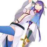  bangs belt blue_eyes blue_legwear blunt_bangs bracer breasts capelet center_opening cleavage cross dress fate/grand_order fate_(series) hair_ornament hsin jewelry long_hair long_sleeves medium_breasts midriff multicolored multicolored_clothes navel open_mouth pelvic_curtain purple_hair saint_martha simple_background solo staff standing thighhighs veil very_long_hair white_background white_dress wide_sleeves 