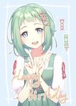  :d blouse blue_background blue_eyes blush bow character_name collarbone commentary dress fan_(20110507) frilled_blouse green_dress green_hair gumi hair_bow hair_ornament happy_birthday head_tilt index_finger_raised looking_at_viewer open_mouth own_hands_together pinafore_dress pink_bow pink_ribbon ribbon short_sleeves smile solo upper_body vocaloid white_blouse x_hair_ornament 
