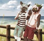  5_fingers anthro beach blue_nose clothed clothing day detailed_background dragon duo fence fur furred_dragon horn male outside ryuuzenga sand seaside shore sky standing water whit_hair 