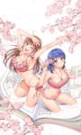  2girls :o ;d ahoge arm_on_head armpits arms_up bandeau bikini blue_hair blush breasts brown_hair cherry_blossoms cleavage clenched_hand collarbone comic domestic_na_kanojo flower from_above fujii_natsuo green_eyes hair_flower hair_ornament halterneck hand_up highres holding holding_flower large_breasts layered_bikini long_hair looking_at_viewer manga_(object) multiple_girls navel official_art one_eye_closed open_mouth petals pink_bikini red_bikini red_eyes sasuga_kei side-tie_bikini sidelocks smile swimsuit tachibana_hina tachibana_rui white_background 
