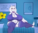  2016 anthro bed belly big_breasts blush boss_monster breasts caprine clothed clothing female flower goat horn huge_breasts inside legwear long_ears mammal on_bed overweight overweight_female panties plant solo somescrub toriel undertale underwear video_games 