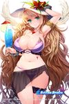  2014 2017 adjusting_clothes adjusting_hat arm_up armlet armpits bikini blonde_hair blush breasts choker cowboy_shot cuffs cup drinking_glass elua flower green_eyes halter_top halterneck hat hat_flower heart_pendant highres jewelry large_breasts long_hair looking_at_viewer navel official_art parted_lips pendant sarong shackles smile snowball22 soccer_spirits solo stomach striped striped_bikini sun_hat sweat swimsuit very_long_hair wavy_hair 