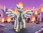  2017 digital_media_(artwork) equine fan_character feathered_wings feathers feral fire group looking_at_viewer male mammal my_little_pony night outside pegasus solo_focus spread_wings village wings yellow_eyes zannah 