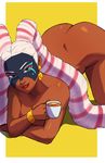  1girl alone arms_(game) ass bent_over bracelet breasts coffee cup earring female heels high_heels holding holding_cup large_ass lipstick long_hair mask multicolored_hair naked nude open_mouth pig_tail simple_background solo thick_thighs thighs twintelle_(arms) 
