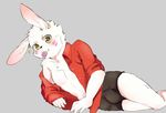  anthro blush boxers_(clothing) bulge chest_tuft clothed clothing condom condom_in_mouth fur green_eyes joeyz lagomorph looking_at_viewer male mammal open_shirt rabbit solo teenager tuft underwear white_fur young 