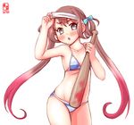  alternate_costume asagumo_(kantai_collection) baseball_bat bikini blindfold_removed brown_hair collarbone commentary highres holding kanon_(kurogane_knights) kantai_collection long_hair looking_at_viewer silver_eyes simple_background sketch solo striped striped_bikini sweat swimsuit twintails white_background 