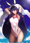  armpits arms_up ass_visible_through_thighs bird cloud collarbone contrapposto covered_navel dark_skin day facial_mark fate/grand_order fate_(series) hairband long_hair nitocris_(fate/grand_order) nitocris_(swimsuit_assassin)_(fate) one-piece_swimsuit purple_eyes purple_hair saisarisu seagull sky smile solo standing swimsuit veil 