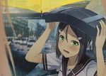  bag bag_on_head blonde_hair blush brown_hair car city commentary_request green_eyes ground_vehicle hair_ornament hair_ribbon hairclip inubouzaki_fuu long_hair looking_at_viewer miyoshi_karin motor_vehicle open_mouth outdoors piza_rokumai pov rain revision ribbon sanshuu_middle_school_uniform school_bag school_uniform short_sleeves teeth umbrella yuuki_yuuna_wa_yuusha_de_aru yuusha_de_aru 