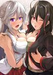  black_hair blush breast_press breasts cleavage closed_mouth double_bun eyebrows_visible_through_hair jewelry kanzaki_kureha large_breasts long_hair looking_at_viewer multiple_girls navel necklace one_eye_closed open_mouth original purple_eyes red_eyes smile symmetrical_docking tongue tongue_out white_hair 