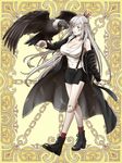  bird boots breasts coat condor doll_joints facial_mark feather_print hair_ornament large_breasts long_hair miniskirt off_shoulder original red_eyes skirt smile suspenders tank_top uonomi_(ujgf8737) walking white_hair wings 