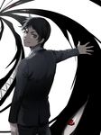  791_(meiyuewudi) :d black_hair black_pants black_suit business_suit commentary_request cowboy_shot demon empty_eyes fingernails formal fullmetal_alchemist green_eyes highres long_sleeves looking_at_viewer looking_back magic male_focus open_hand open_mouth outstretched_arm pants parted_lips pride purple_eyes red_eyes selim_bradley sharp_teeth simple_background smile solo spoilers suit teeth tsurime v-shaped_eyebrows white_background 