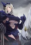  abs armor armored_dress armpits artoria_pendragon_(all) artoria_pendragon_(lancer_alter) bangs black_dress black_gloves blonde_hair breasts cape cleavage cloak closed_mouth dress elbow_gloves fate/grand_order fate_(series) gauntlets gloves hair_between_eyes horns horse hsin jewelry large_breasts llamrei_(fate) long_hair pauldrons riding short_hair sideboob sidelocks simple_background solo stomach underboob upper_body yellow_eyes 