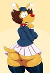  2017 absurd_res big_butt blush brain_(inspector_gadget) breasts but butt canine clothed clothing collar crossgender dog female fur hi_res inspector_gadget looking_at_viewer looking_back maid_uniform mammal rear_view red_nose solo sssonic2 uniform yellow_fur 