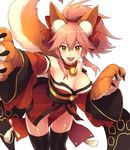 animal_ears bell bell_collar breasts cleavage collar fangs fate/grand_order fate_(series) fox_ears fox_tail guwatefu hair_ribbon large_breasts long_hair looking_at_viewer open_mouth paws pink_hair ribbon simple_background solo tail tamamo_(fate)_(all) tamamo_cat_(fate) white_background yellow_eyes 