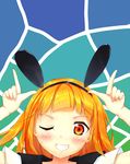 absurdres animal_ears blonde_hair blush bunny_ears character_request close-up copyright_request cu_(fsy84738368) eyebrows_visible_through_hair fake_animal_ears hairband highres looking_at_viewer one_eye_closed orange_eyes parted_lips smile solo teeth upper_body 