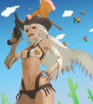  altera_(fate) axe bare_shoulders breasts cactus cloud commentary_request cowboy_hat dark_skin day detached_sleeves facial_hair fate/grand_order fate_(series) gun handgun hat holding holding_gun holding_weapon huke mustache navel red_eyes revolver saint_quartz sheriff_badge small_breasts solo star veil weapon white_hair 
