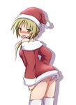  ass bare_shoulders blonde_hair blush breasts cowboy_shot dress embarrassed eyebrows_visible_through_hair from_behind hat ichii_yui leaning_forward long_hair long_sleeves looking_at_viewer looking_back mel_(melty_pot) open_mouth panties pantyshot red_hat santa_hat shadow sidelocks simple_background small_breasts solo standing strapless strapless_dress thighhighs twintails underwear white_background white_legwear white_panties yellow_eyes yuyushiki 