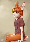  anthro clothed clothing fur hair lagomorph male mammal orange_eyes orange_fur orange_hair rabbit ryuuzenga simple_background sitting smile solo white_fur 