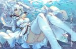  absurdres anchor ass azur_lane bare_shoulders breasts cleavage commentary_request detached_collar dress elbow_gloves garter_straps gloves hair_ribbon highres illustrious_(azur_lane) long_hair low_ponytail medium_breasts mou_zhi_pingguo panties ponytail revision ribbon sash sidelocks solo strapless strapless_dress submerged thighhighs thighs tress_ribbon underwater underwear very_long_hair water white_dress white_gloves white_hair white_legwear white_panties 