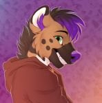  2018 anthro digital_media_(artwork) green_eyes hair hyena male mammal purple_hair purple_nose simple_background smile smileeeeeee solo teeth 