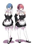  :d ^_^ apron arms_behind_back blue_hair breasts cleavage closed_eyes cosmicsnic detached_sleeves hair_over_one_eye hand_on_hip highres looking_at_viewer maid maid_apron maid_headdress mary_janes medium_breasts multiple_girls open_mouth orange_eyes pantyhose ram_(re:zero) re:zero_kara_hajimeru_isekai_seikatsu red_hair rem_(re:zero) shoes short_hair simple_background small_breasts smile white_background white_legwear 