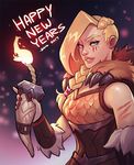  2017 armor blonde_hair blue_eyes braid fire fur_trim happy_new_year horn lipstick long_hair makeup nail_polish new_year paladins scar solo teeth tyra_(paladins) upper_body 