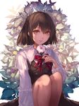  bad_id bad_pixiv_id blush brown_eyes brown_hair closed_mouth eyebrows_visible_through_hair flower highres holding holding_flower jname long_sleeves looking_at_viewer original short_hair solo 