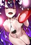 alcohol bob_cut breasts cup fangs fate/grand_order fate_(series) highres horns japanese_clothes kimono looking_at_viewer navel onaka_(pixiv11820960) oni oni_horns open_mouth petals purple_eyes purple_hair revealing_clothes sakazuki sake short_eyebrows short_hair shuten_douji_(fate/grand_order) sitting small_breasts solo 