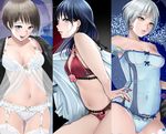 babydoll bangs bare_shoulders blue_eyes blue_hair blue_panties blush bra breasts brown_eyes brown_hair commentary_request corset earrings garter_belt green_eyes hand_on_hip hayakawa_pao jewelry lace lace-trimmed_bra lingerie lips long_hair looking_at_viewer medium_breasts multiple_girls nail_polish navel open_mouth original panties pink_panties red_bra red_nails short_hair silver_hair small_breasts smile thighs underwear white_panties 