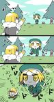  1girl 3koma blonde_hair coat comic fate/grand_order fate_(series) fleeing giantess hat maru_show pantyhose partially_translated paul_bunyan_(fate/grand_order) running sakata_kintoki_(fate/grand_order) smile translation_request waving yellow_eyes 