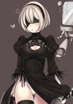  black_dress blindfold breasts bug butterfly cleavage commentary_request cosmicsnic dress hair_over_one_eye highres holding insect medium_breasts mole mole_under_mouth nier_(series) nier_automata parted_lips pod_(nier_automata) silver_hair sweat sword weapon yorha_no._2_type_b 
