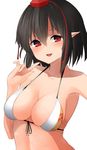  adapted_costume armpits bad_id bad_pixiv_id bikini_top black_hair blush breasts cleavage collarbone commentary_request front-tie_bikini front-tie_top hair_between_eyes halter_top halterneck highres looking_at_viewer medium_breasts parted_lips pointy_ears red_eyes shameimaru_aya short_hair skindentation smile solo touhou upper_body yusake_san 