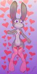  1girl absurdres animal_ears artist_name breast_hold breasts bunny_ears bunny_tail collarbone crombie dated feet full_body furry heart heart_background heart_pasties judy_hopps knees_together_feet_apart looking_at_viewer lying medium_breasts navel no_humans nude on_back pasties paws pink_legwear purple_background purple_eyes signature simple_background skindentation smile solo standing tail text thigh_gap thighhighs zootopia 