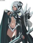  aqua_eyes breasts cancell holding holding_sword holding_weapon long_hair looking_at_viewer mecha_musume medium_breasts navel original silver_hair simple_background smile solo sword weapon white_background 