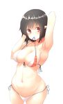  absurdres arm_up armpits bad_id bad_pixiv_id bangs bikini black_hair breasts cleavage commentary_request cowboy_shot front-tie_bikini front-tie_top highres looking_at_viewer medium_breasts mouth_hold navel outdoors pointy_ears red_eyes shameimaru_aya short_hair side-tie_bikini solo stomach string_bikini swimsuit touhou transparent_background white_bikini yusake_san 