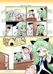  &gt;_&lt; 1boy 3girls :d ^_^ admiral_(kantai_collection) ahoge alternate_costume blue_neckwear blush closed_eyes closed_mouth commentary_request drooling flying_sweatdrops green_hair hat herada_mitsuru highres kantai_collection kawakaze_(kantai_collection) long_hair long_sleeves lying military military_uniform multiple_girls on_back one_eye_closed open_mouth pajamas peaked_cap ponytail sleeping smile tears translated umikaze_(kantai_collection) uniform wavy_mouth yamakaze_(kantai_collection) 