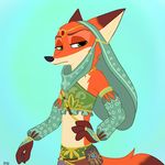 2017 4_fingers anthro black_nose blue_background breath_of_the_wild canine clothed clothing countershade_torso countershading crossdressing dipstick_ears dipstick_tail disney fox fur gerudo_outfit green_eyes hi_res inner_ear_fluff male mammal midriff multicolored_tail nick_wilde nintendo orange_fur pawpads simple_background skeletonguys-and-ragdolls solo the_legend_of_zelda veil video_games zootopia 