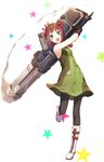  :d amami_haruka arms_up black_gloves black_pants boots brown_hair company_connection cosplay daiba_canon daiba_canon_(cosplay) dress eyebrows_visible_through_hair full_body gloves god_eater god_eater_burst green_dress green_eyes gun hair_ribbon holding holding_gun holding_weapon idolmaster idolmaster_(classic) leg_up looking_at_viewer open_mouth pants red_ribbon ribbon sakusaku short_hair simple_background sleeveless sleeveless_dress smile solo standing standing_on_one_leg star striped vertical-striped_pants vertical_stripes weapon white_background white_footwear 