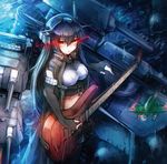  black_coat black_gloves black_hair elbow_gloves gloves glowing glowing_eyes guitar hair_between_eyes headgear highres instrument kajaneko kantai_collection long_coat long_hair machinery nagato_(kantai_collection) partly_fingerless_gloves red_eyes remodel_(kantai_collection) rigging solo turret 