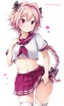  artist_name astolfo_(fate) bow bra braid breasts chiyingzai closed_mouth cowboy_shot crop_top crop_top_overhang eyebrows_visible_through_hair fate/apocrypha fate/grand_order fate_(series) genderswap genderswap_(mtf) hair_between_eyes hair_bow hair_intakes hand_on_own_chest heart highres long_hair midriff navel panties pink_eyes pink_hair pleated_skirt sailor_collar sailor_shirt school_uniform see-through serafuku shirt short_sleeves simple_background single_braid skirt skirt_lift small_breasts solo thighhighs twitter_username underwear very_long_hair wavy_mouth white_background white_legwear 